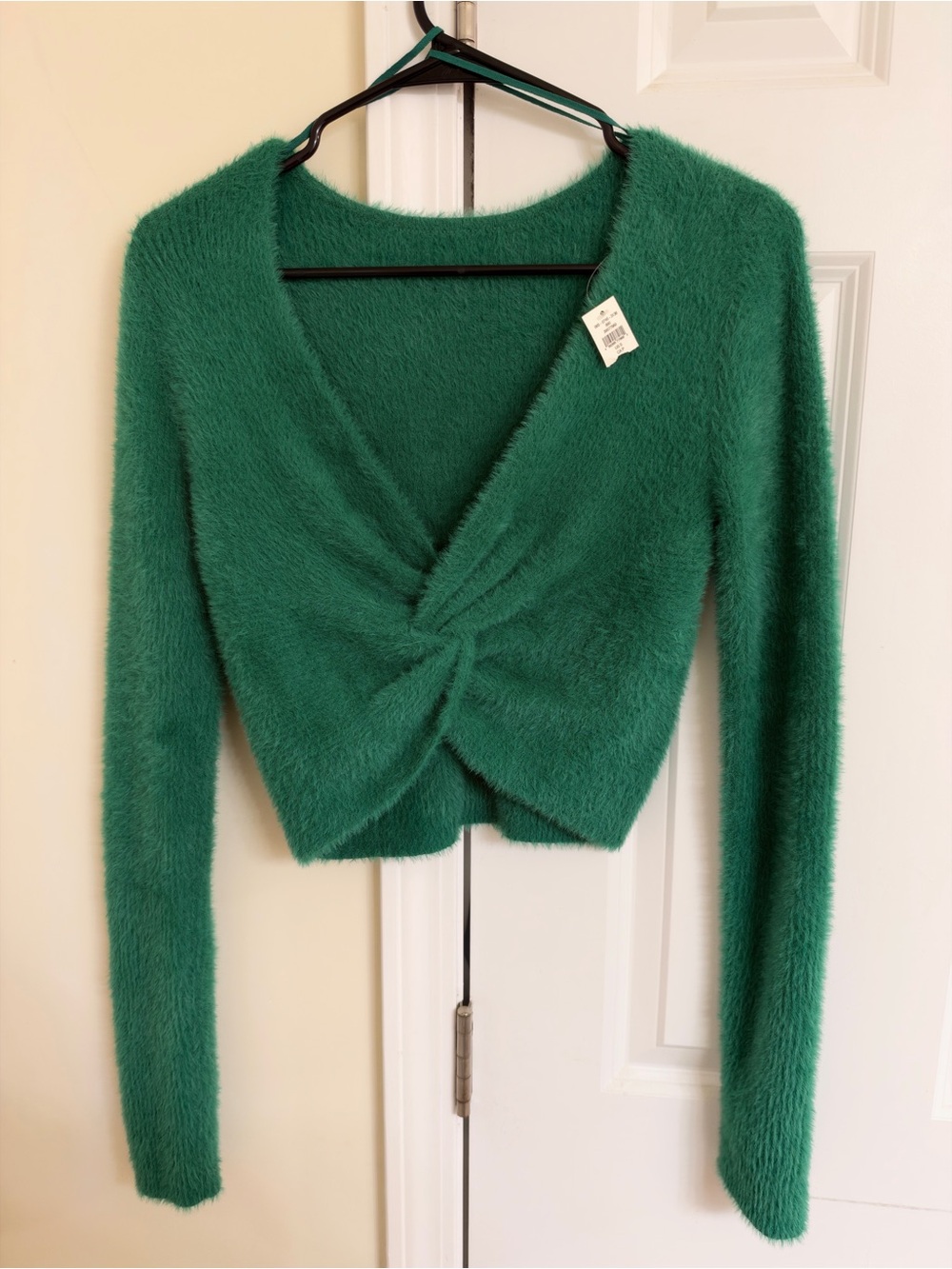 aerie Emerald Green Fuzzy Twist-Front Cropped Sweater